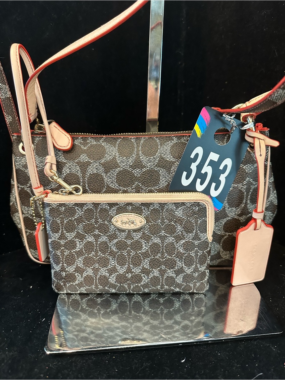 Coach #353 Charley Brown Signature Canvas Shoulder/Crossbody  Bag with Pink Trim
